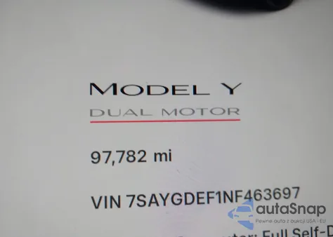 2022 Tesla Model Y Performance Dual Motor All-Wheel Drive z USA, uszkodzony, nr VIN 7SAYGDEF1NF463697